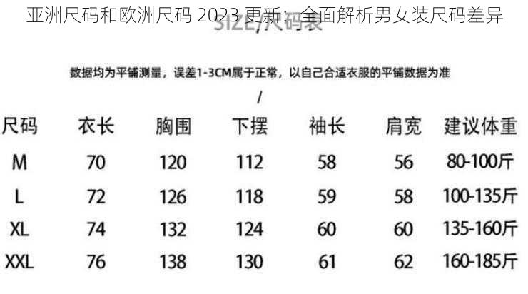 亚洲尺码和欧洲尺码 2023 更新：全面解析男女装尺码差异