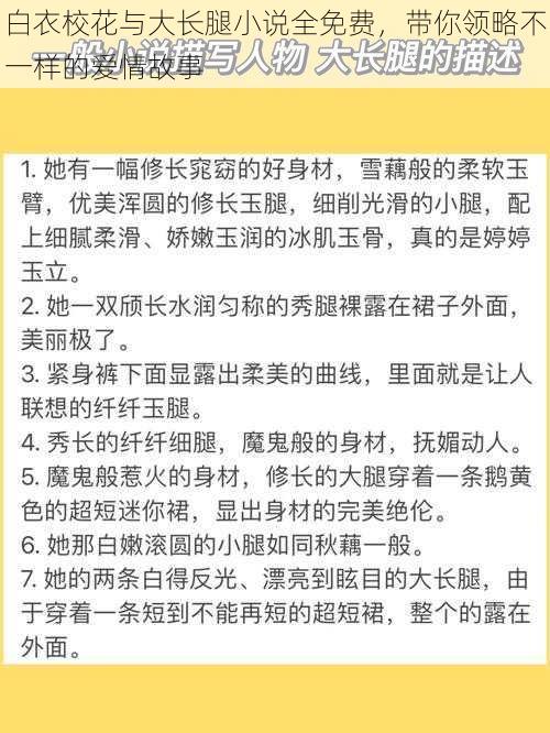 白衣校花与大长腿小说全免费，带你领略不一样的爱情故事