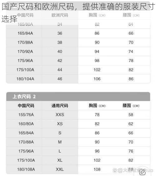 国产尺码和欧洲尺码，提供准确的服装尺寸选择